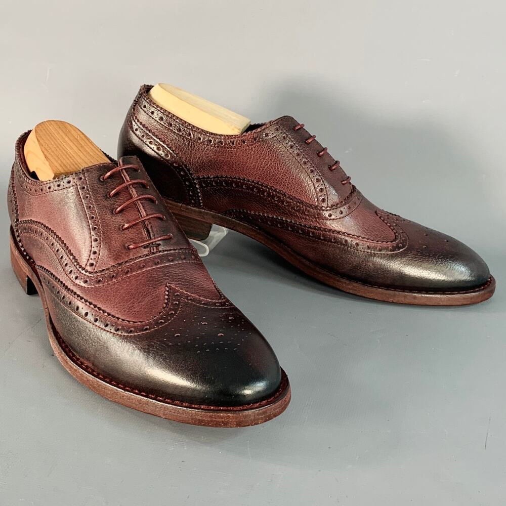 Size 8 Burgundy Antique Leather Wingtip Oxford Lace-Up Flexible Travel Shoes